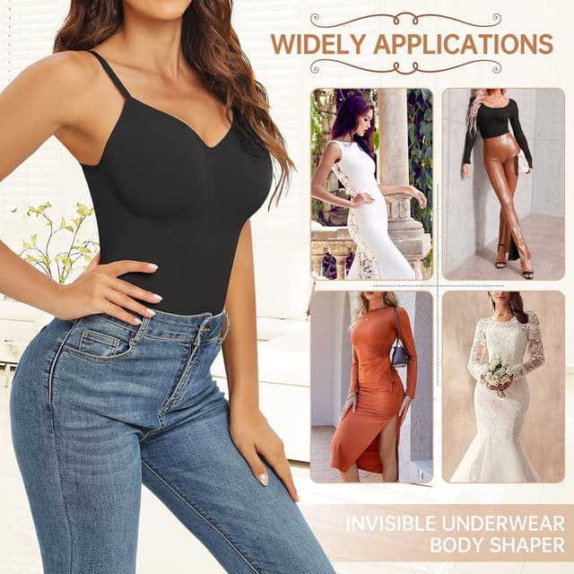 Detalle 2 de Body gainant femme Tuopuda « Ventre plat » à fines bretelles et col en V