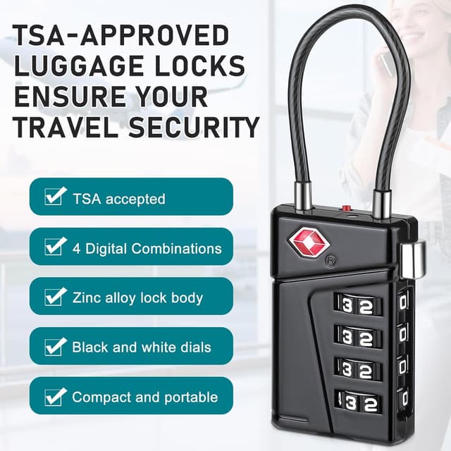 Detalle de Diyife TSA008 Gepäckschloss mit TSA-Schließzylinder, 4-stelligem Zahlencode und Alarmanzeige – 2er-Set (Schwarz)