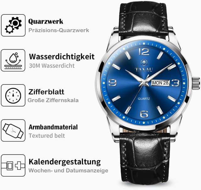 Detalle 2 de Taxau wasserdichte Herren-Gentleman-Uhr mit Datums- und Tagesanzeige, arabischen Ziffern