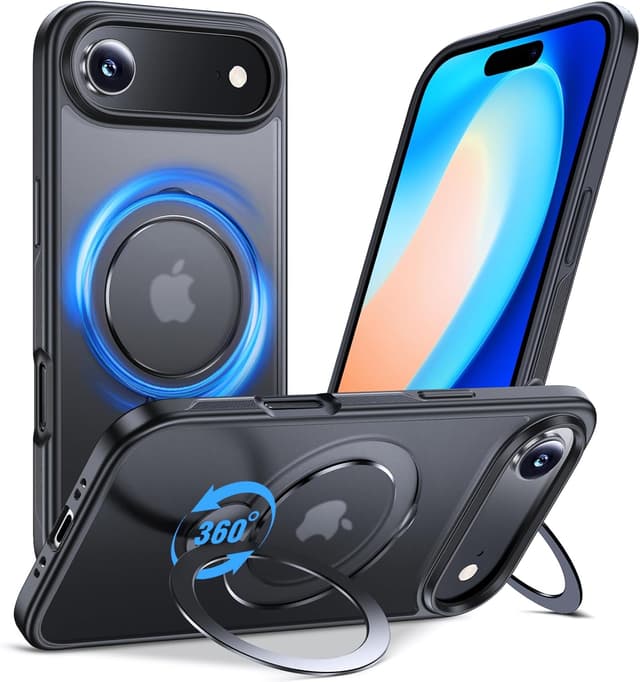Detalle de Anqrp 360° All-in-One-Ständerhülle für iPhone 17 Air (6,5 Zoll) – Magnetisch mit drehbarem Ringhalter, Schwarz
