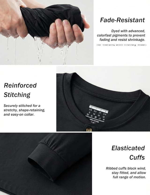 Detalle de TACVASEN men’s long sleeve cotton Henley T-shirt (3-button grandad collar) – casual button top