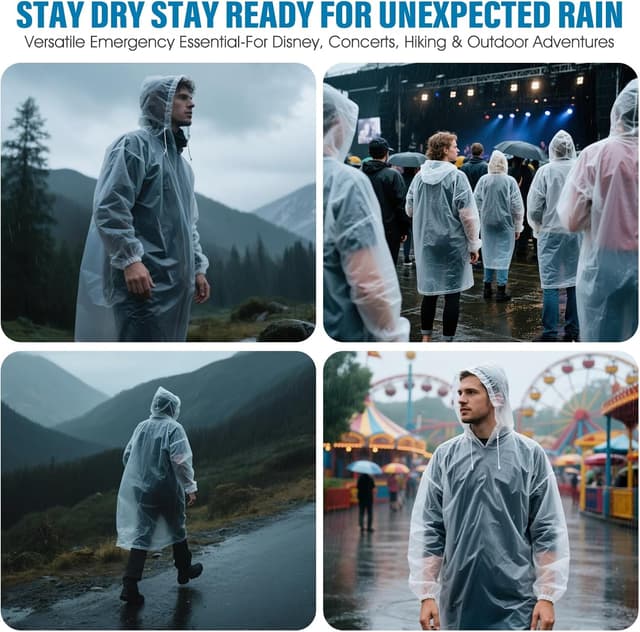 Thumbnail 6 de Chyaya 3/5/6 Pack Disposable Rain Ponchos (Waterproof, Hood & Elastic Cuffs) – Transparent Adult Ponchos