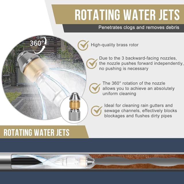 Detalle de Ajiteogy Tuyau déboucheur 20 m pour nettoyeur haute pression Kärcher série K (M22), buses rotatives
