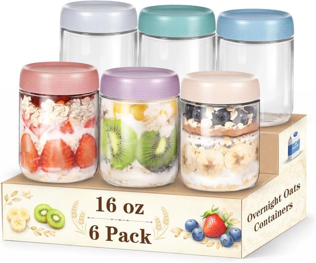 Detalle de SECLENT 6-Pack Overnight Oats Containers (16oz Wide-Mouth Mason Jars) with Lids