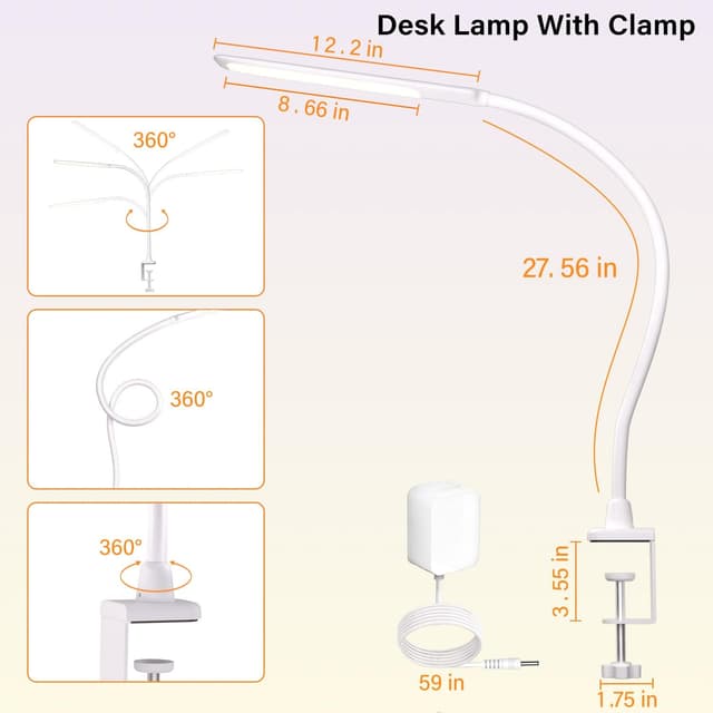 Detalle de HOKONE Lampada da tavolo LED a morsetto dimmerabile con collo d’oca 360° (4 colori, 10 livelli) – Bianca