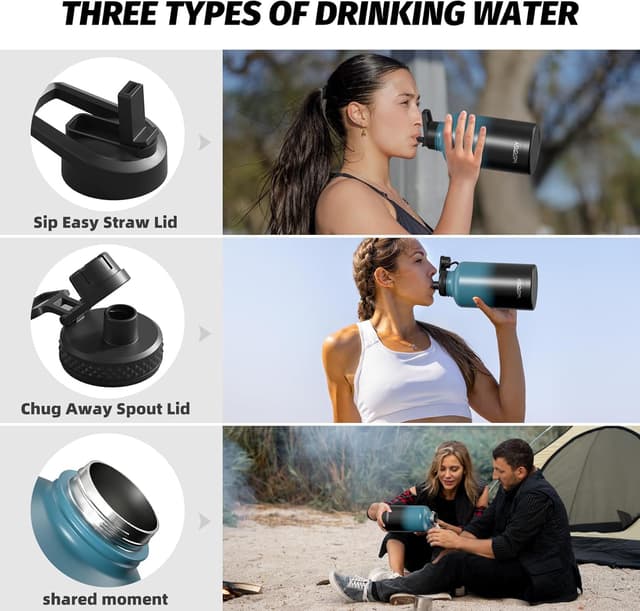 Detalle de WATERSY 64oz Insulated Water Bottle (Cold 48 Hours) — BPA-Free, Leak-Proof Half-Gallon Flask with Straw Lids