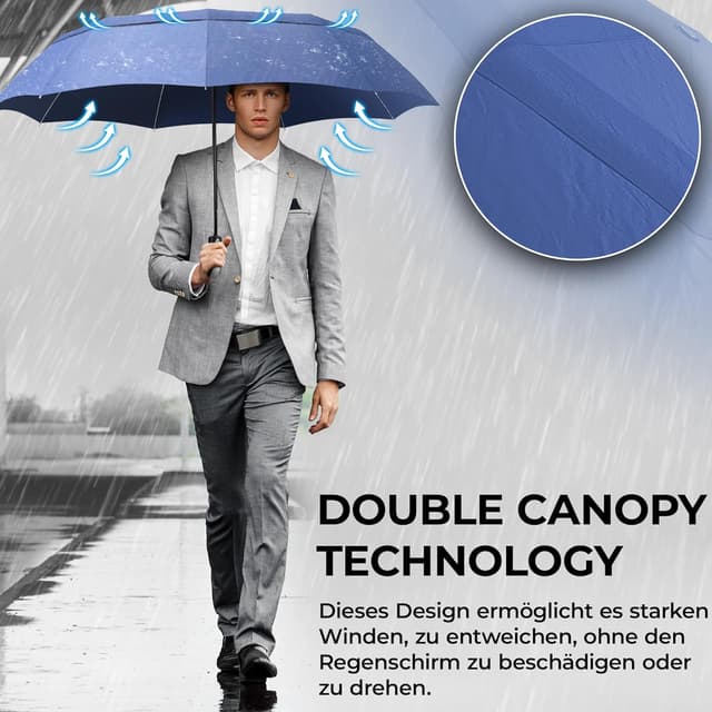 Detalle de Regenschirm Taschenschirm sturmfest mit Auf-Zu Automatik & Schirm-Tasche – Schwarz, kompakt & für Reise/Alltag