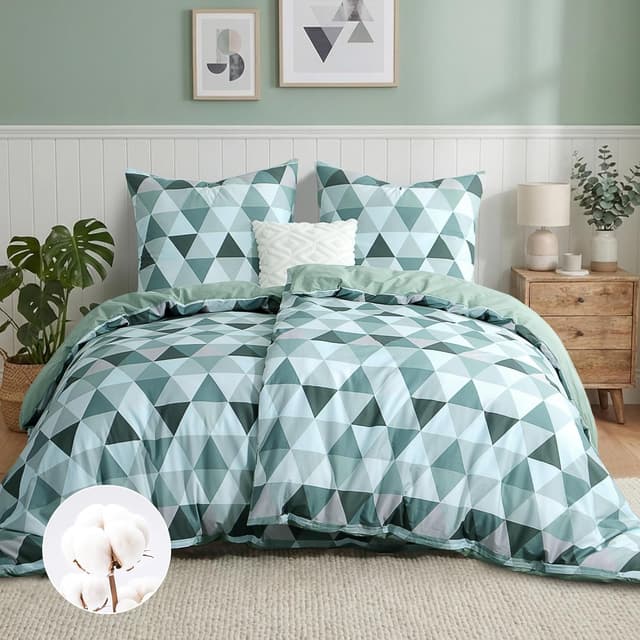 Detalle de RUIKASI Bettwäsche 135x200 Baumwolle 4-teilig (Grün) mit Dreieck-Muster und Reißverschluss