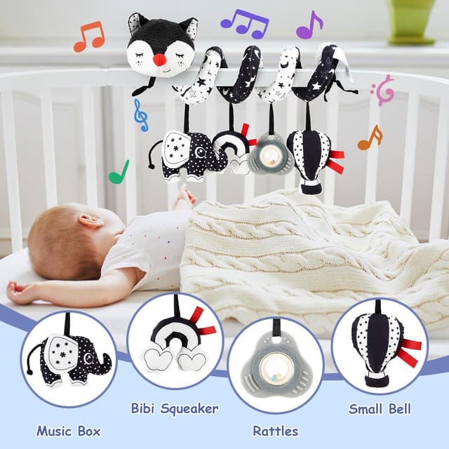 Detalle de Funsland Spiral Pram Toys – black & white fox musical hanging toy for babies (0–6 months)