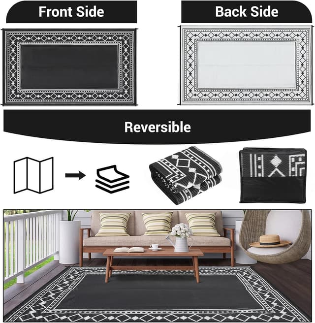 Detalle de CAROMIO Outdoor Rug 240 x 300 cm Reversible Waterproof Geometric Patio Mat (Black)