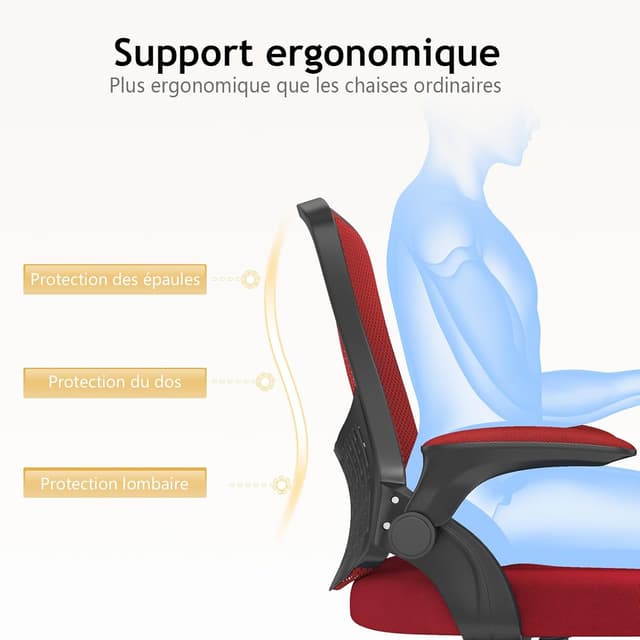 Detalle de Naspaluro chaise de bureau ergonomique avec accoudoirs rabattables à 90°, soutien lombaire et assise pivotante 360° (rouge sombre)