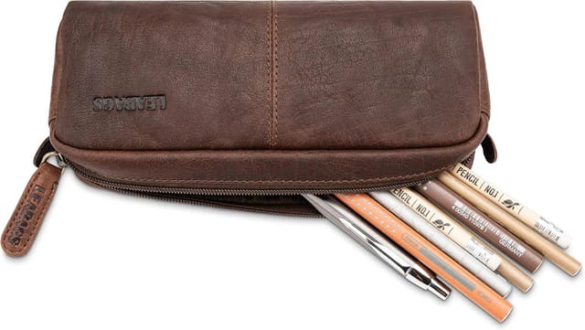 Detalle de LEABAGS Leder-Federmäppchen (Großes Echtleder) Umber – Stiftetui & Stiftmappe für Schule, Beruf und Uni