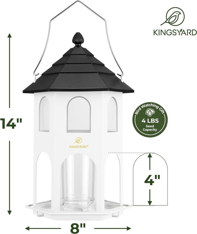 Detalle de Kingsyard metal bird feeder for outdoor hanging (white) with circular perch and 4 lbs capacity