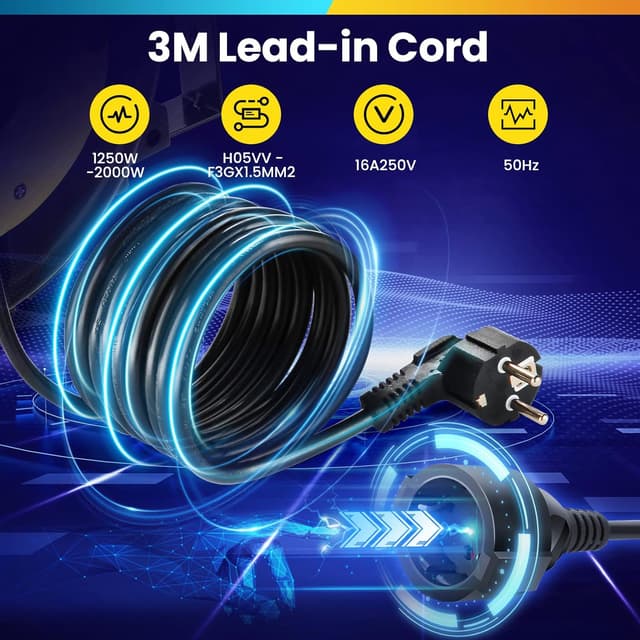 Detalle de Himimi automatische Kabeltrommel 13 m (10 m + 3 m), 1250 W–2000 W – Wand- und Deckenmontage, 180° drehbar