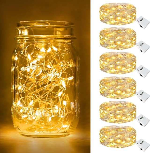 Detalle de 6 Pack Battery Operated LED Fairy Lights (2m/72ft, Warm White) – IP65 Waterproof Silver Wire Mini String Lights for Jars, Party & Christmas