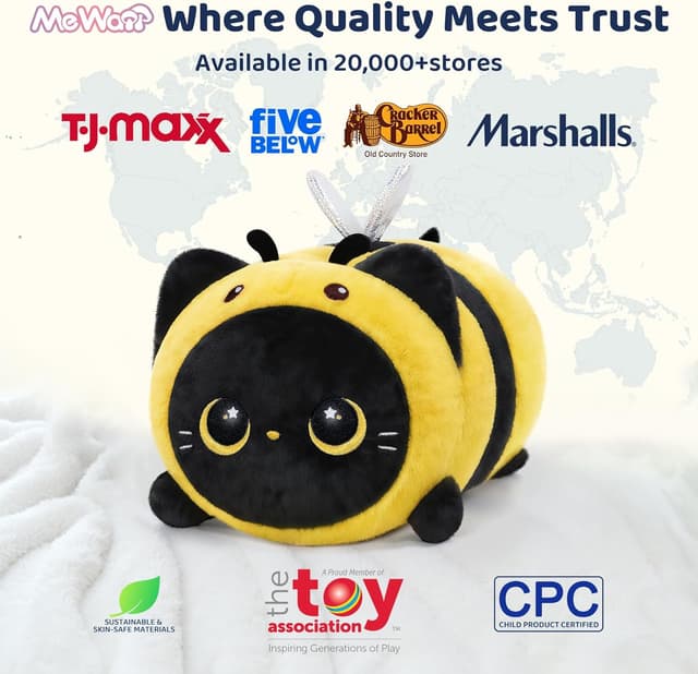 Detalle 2 de MeWaii 16” Soft Black Cat with Bee Headgear Plush Pillow – squishy cuddle toy