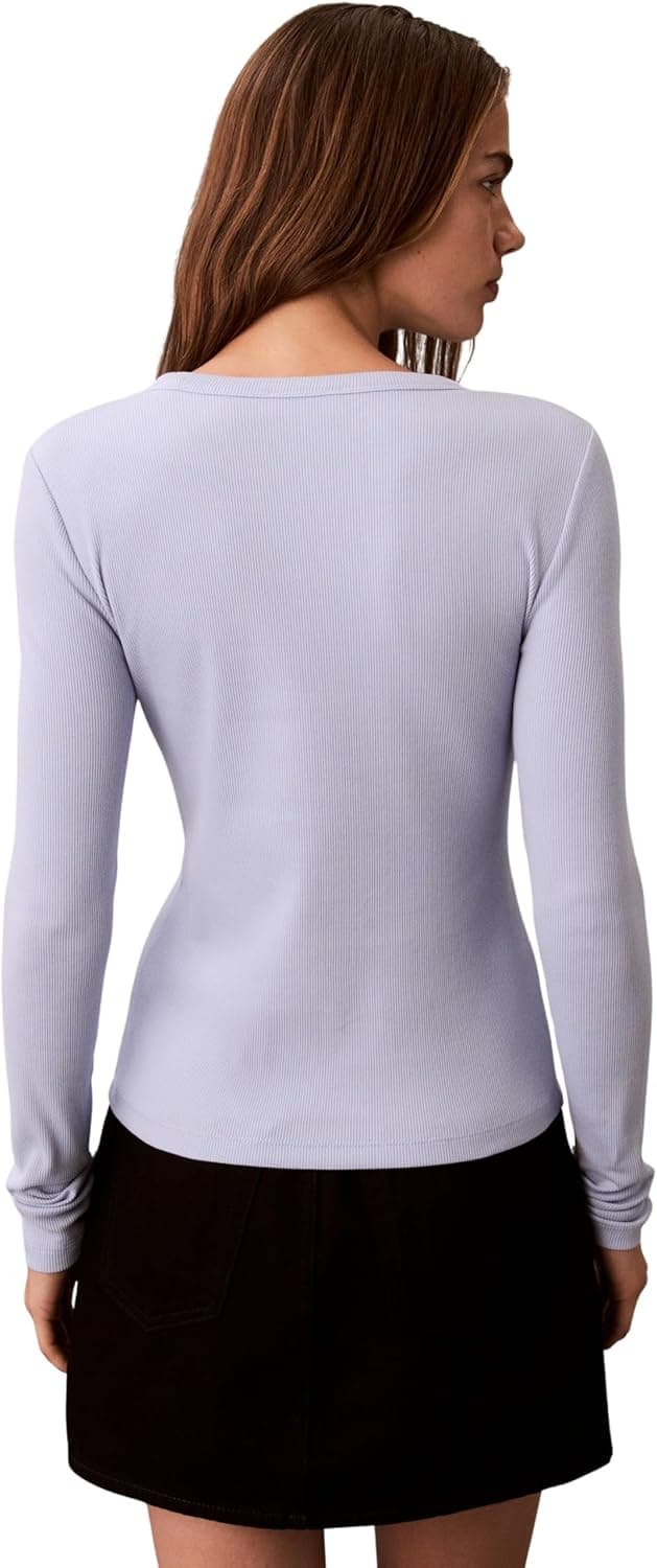 Detalle de Calvin Klein LS Woven Label 2x2 Rib Crew Top da donna