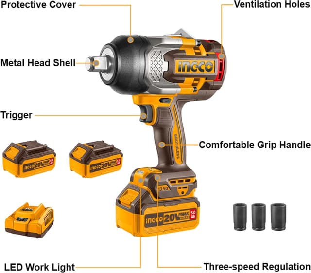 Detalle de INGCO CIWLI20135 3/4 Inch High Torque Impact Wrench 1350NM (20V Brushless) with 2x 5.0Ah Batteries & Charger