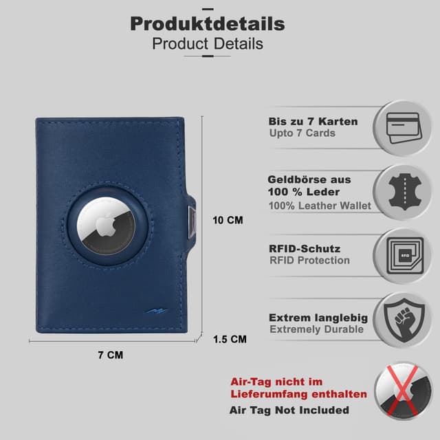 Detalle de Marc Peter Jupiter AirTag Echtleder-Geldbörse mit XL-Münzfach (für bis zu 11 Karten) – RFID-Schutz, blau