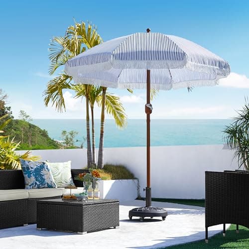 Thumbnail 7 de Yaheetech Ombrellone da spiaggia e giardino inclinabile 215 cm con frange, poliestere e metallo, blu e bianco