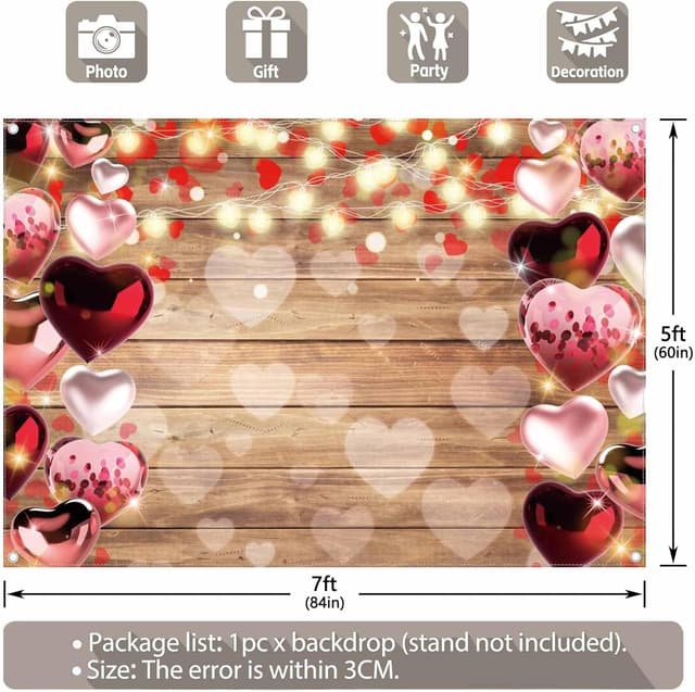 Detalle de Luminora 7x5ft Rustic Wooden Valentine’s Day Fabric Photography Backdrop with Love Heart Balloons & Glitter