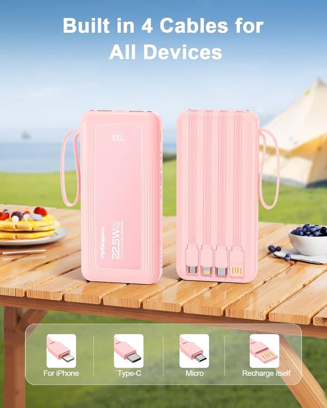 Detalle de Power Bank Fast Charging 10000mAh with Built-in Cables, 22.5W Portable Charger (USB-C and 6 Outputs, LED Display & Flashlight)