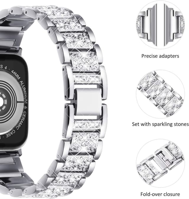 Detalle de NewWays Sparkling Stainless Steel Link Bracelet Replacement Band for Apple Watch (38mm–42mm, Series 1–11/SE), Silver