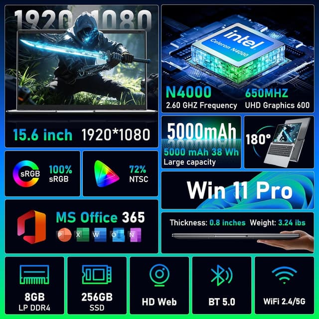 Thumbnail 1 de Brhona 15,6 pouces Ordinateur Portable Win11 Pro