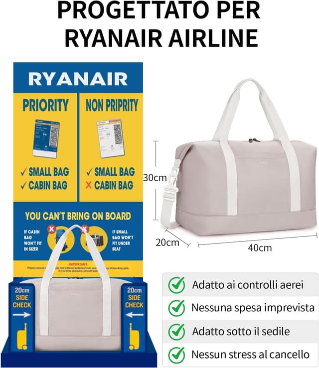 Detalle 2 de EHOHUB Borsa da viaggio pieghevole impermeabile 40x30x20 (bagaglio a mano Ryanair), beige