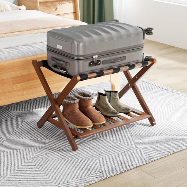 Detalle de Smuxee Fully Assembled Walnut Luggage Rack with Shelf and 5 Nylon Straps (Foldable)