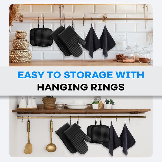 Detalle 2 de Yeqqzq 6-piece oven mitts and pot holders set with non-slip silicone, extra-long gloves (black)