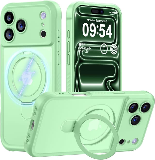 Detalle de MOCCA Design iPhone 17 Pro Case with MagSafe Invisible Magnetic Ring Stand — Military Drop Protection, Full Camera Guard, Translucent Matte Slim (Matcha Green)