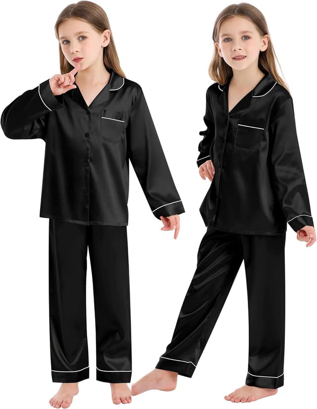 Detalle de SWOMOG Girls Pyjamas Set in Silk Satin – Long Sleeve Button-Down 2-Piece Kids Sleepwear