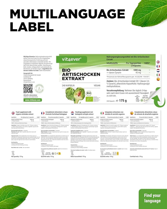 Detalle 2 de Bio Artischocken Extrakt 240 Kapseln 1800 mg je Tagesdosis