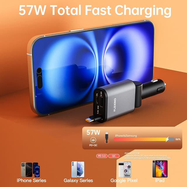 Detalle 2 de Flexino Ultra-Slim Retractable Car Charger (Retractable 2.6ft Cord, 3 Ports up to 57W) for iPhone & Galaxy, Dark Gray, 1 Pack