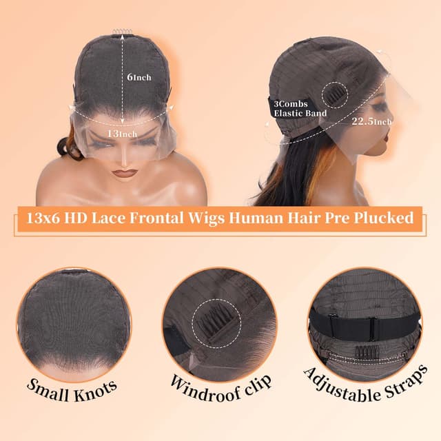 Detalle 2 de Afribye 13x6 Highlight Ombre Body Wave Lace Front Wig (Human Hair, 200% Density, FB/30) — Pre-Plucked, Glueless