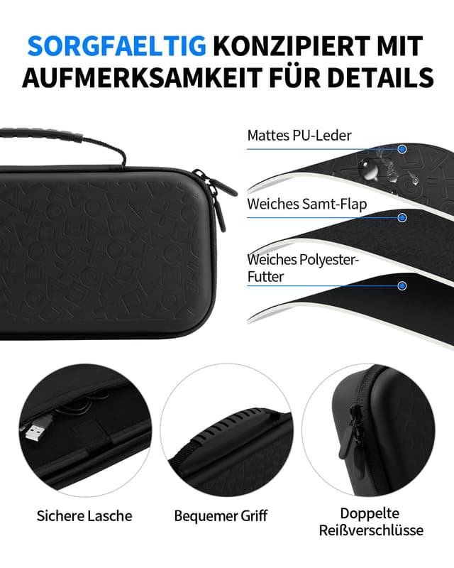 Detalle 2 de PALPOW Zubehör-Set für PlayStation Portal: Tasche, Silikonhülle, Displayschutz & 4 Joystick-Kappen – Schwarz