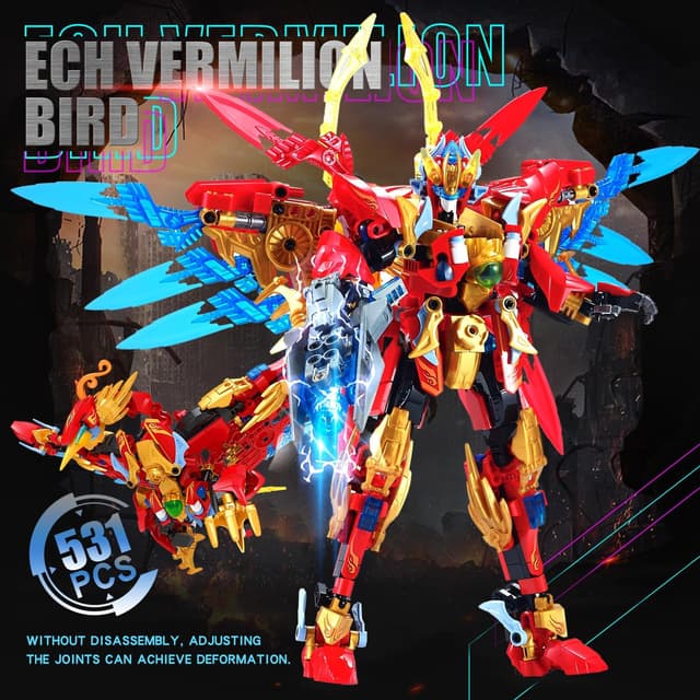 Detalle 2 de TIALLOW Fire Phoenix Mech Sets 2-in-1 Transforming Robot Building Blocks (Vermilion Bird, 531 Pieces)