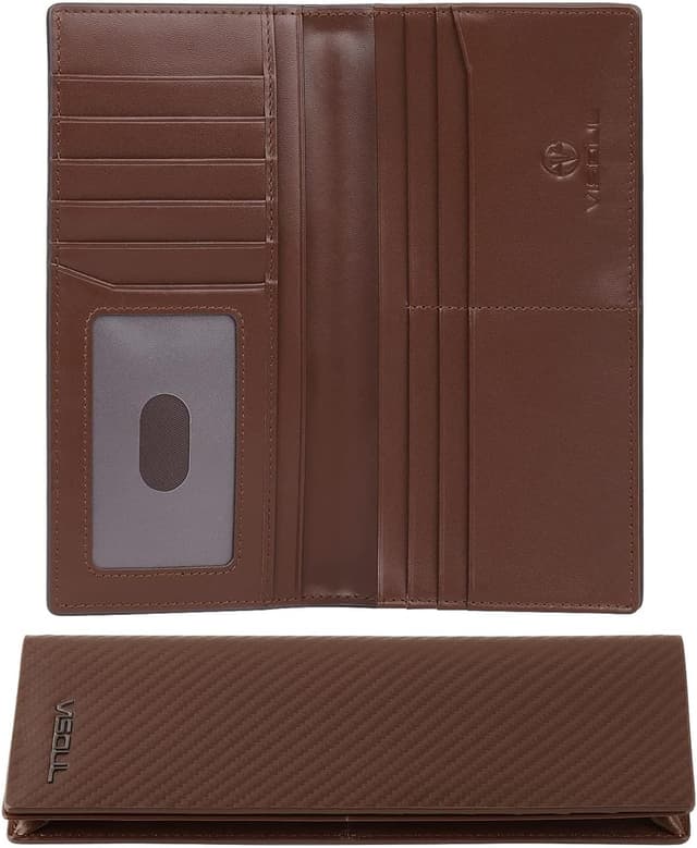 Detalle de VISOUL Portafoglio lungo in vera pelle da uomo con blocco RFID e 12 slot carte, marrone
