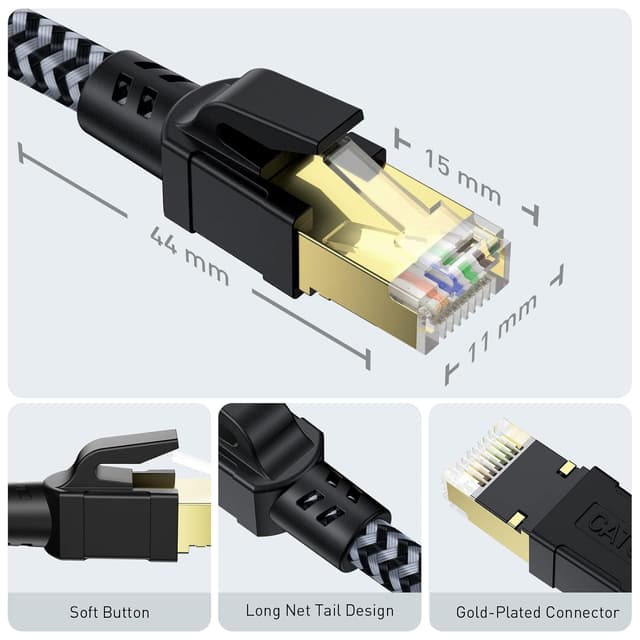 Detalle de CABNEER Cat 8 Ethernet-Kabel (5 m) – 40 Gbps, 2000 MHz, RJ45 geflochtenes LAN-Patchkabel