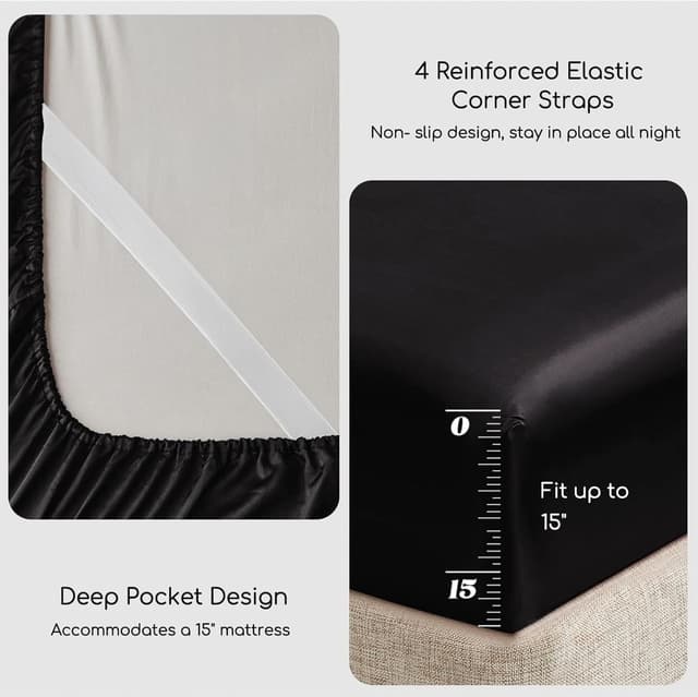 Detalle de MR&HM Satin Bed Sheets Queen Size Set (4-Piece) with 15-Inch Deep Pocket, Black