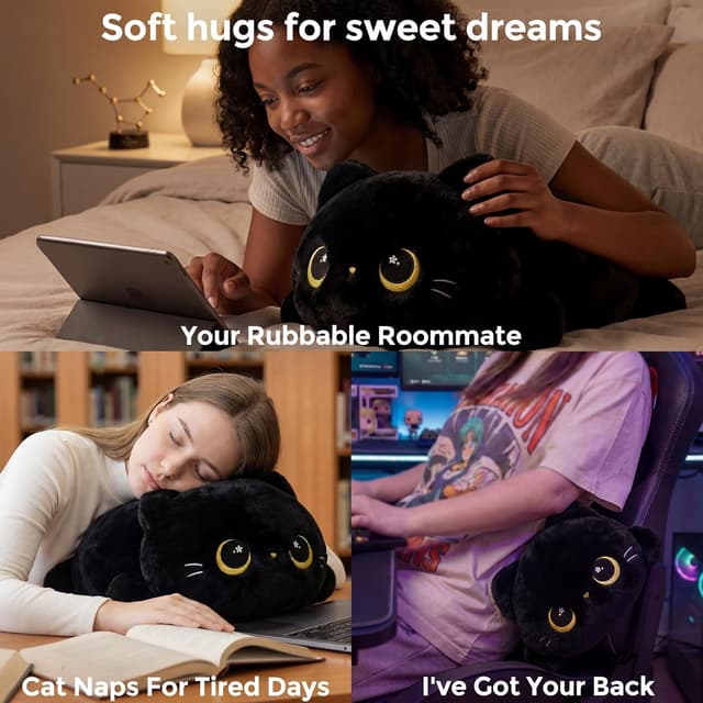 Detalle de Mewaii Cute Black Cat Plush Pillow (20 inch) – squishy cuddle plush for kids and girls