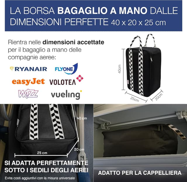 Detalle de Sakura Bags Sàkura Borsa da Viaggio 40x20x25 compatibile standard Ryanair, WizzAir, Vueling (cabina/sottosedile)
