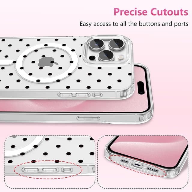 Detalle 2 de ZTOFERA magnetische Hülle für iPhone 15 Pro Max (6,7") – transparente TPU Handyhülle mit Polka-Punkte Muster, schwarz