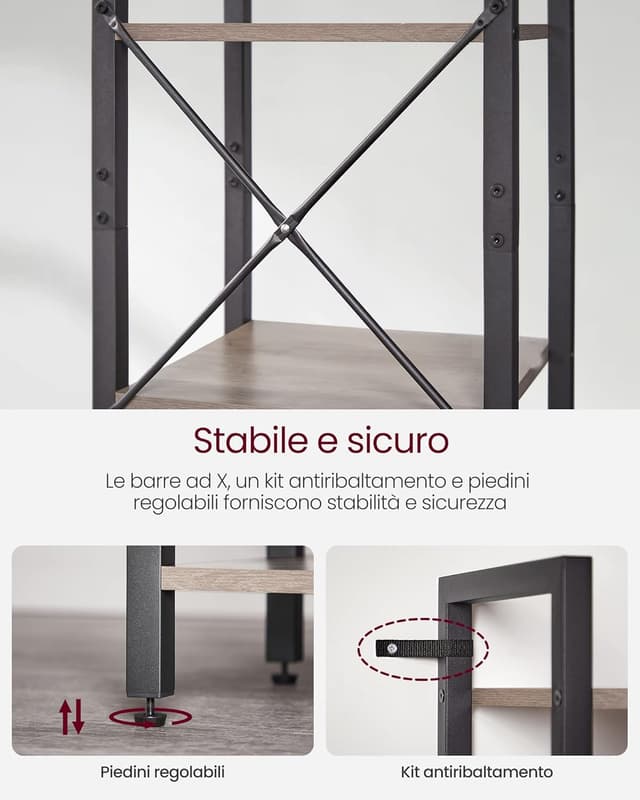 Detalle de VASAGLE scaffale a 6 ripiani LLS101B02 stile industriale greige e nero, 30 x 40 x 186 cm
