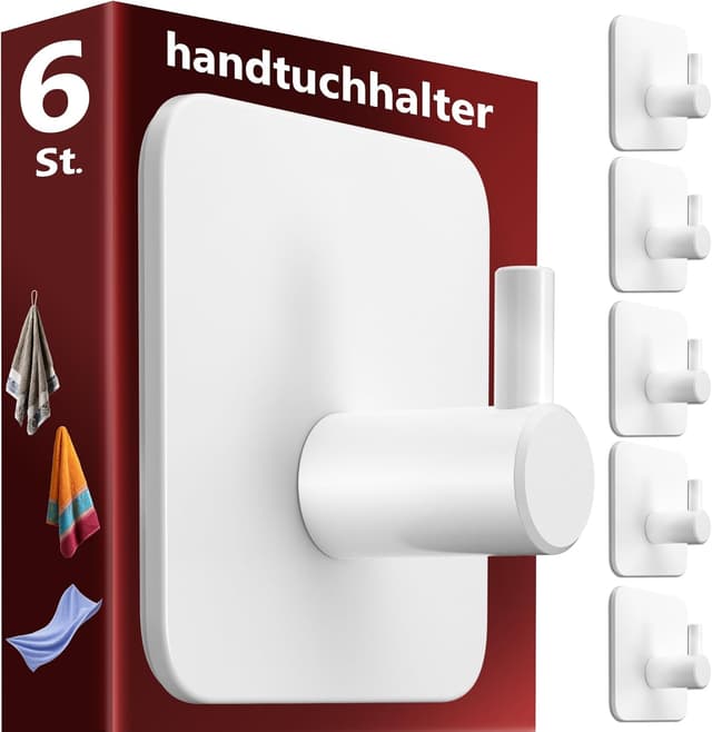 Detalle de Menz Handtuchhaken ohne Bohren – 6er Set weiße Edelstahl-Klebehaken mit 3M-Klebepads