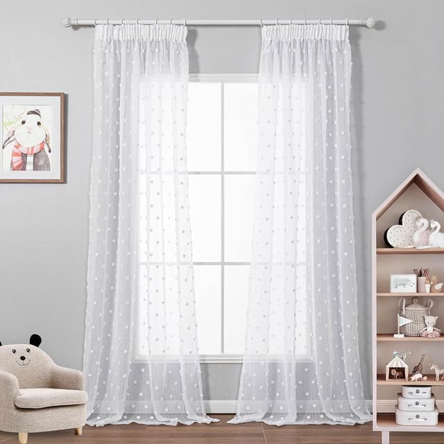 Detalle de MYSKY HOME Vorhänge mit Kräuselband für Kinderzimmer (Mädchen) – transparenter Gardinenstoff mit Stickerei, 2er-Set, Weiß, H 260 × B 140 cm