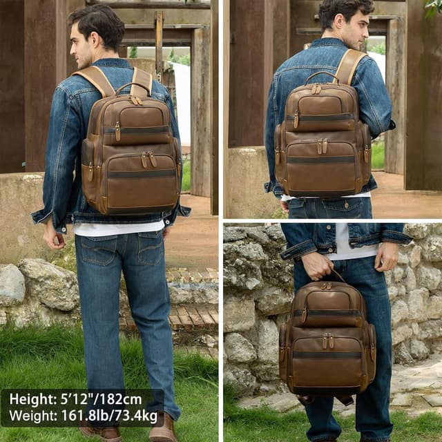 Detalle 2 de TIDING Vintage Leather Backpack for Men – 15.6-inch Laptop Leather Travel/Daypack