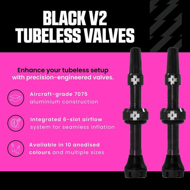 Detalle 2 de Muc-Off valvole Presta nere per tubeless 44 mm (1 coppia) con smonta-valvola incluso