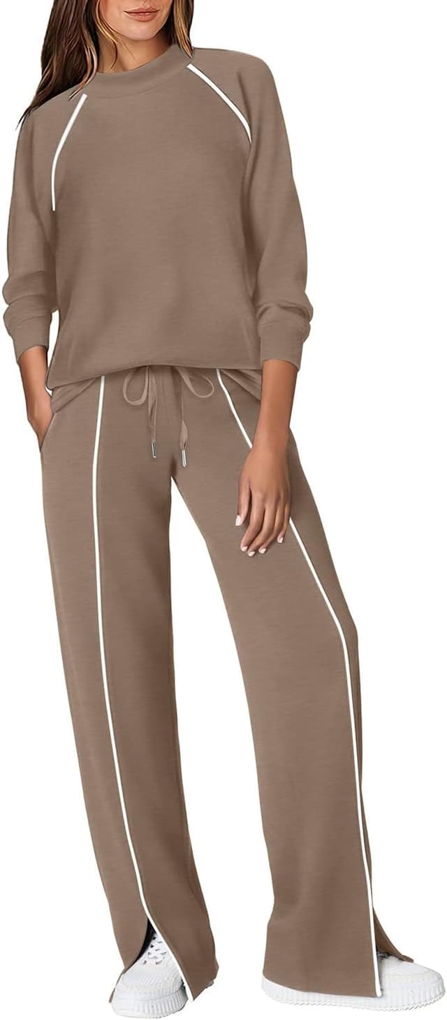 Detalle de WIHOLL Women’s 2-Piece Lounge Set (Mock Neck + Wide-Leg Pants) for Fall